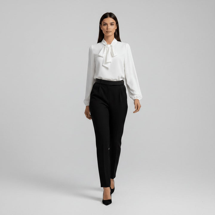Green elegant women's blouse, a versatile long sleeve top with a charming bow tie neck and puff sleeves.