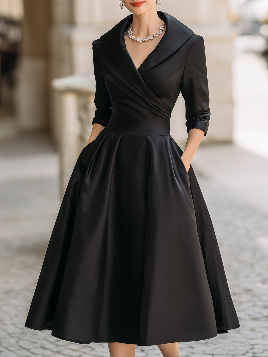Elegant retro women's midi dress with a stylish draped collar, perfect for special occasions.
