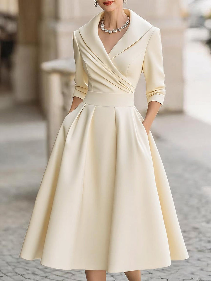 Vintage A-line midi dress for women, an elegant choice with a distinctive draped collar neckline.