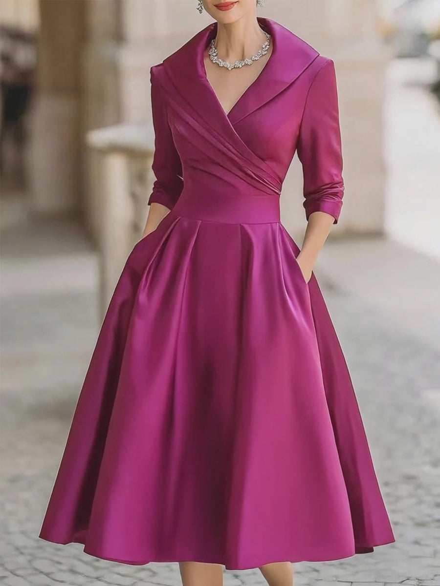 Women's formal cocktail dress, retro midi with long sleeves and an elegant draped collar.