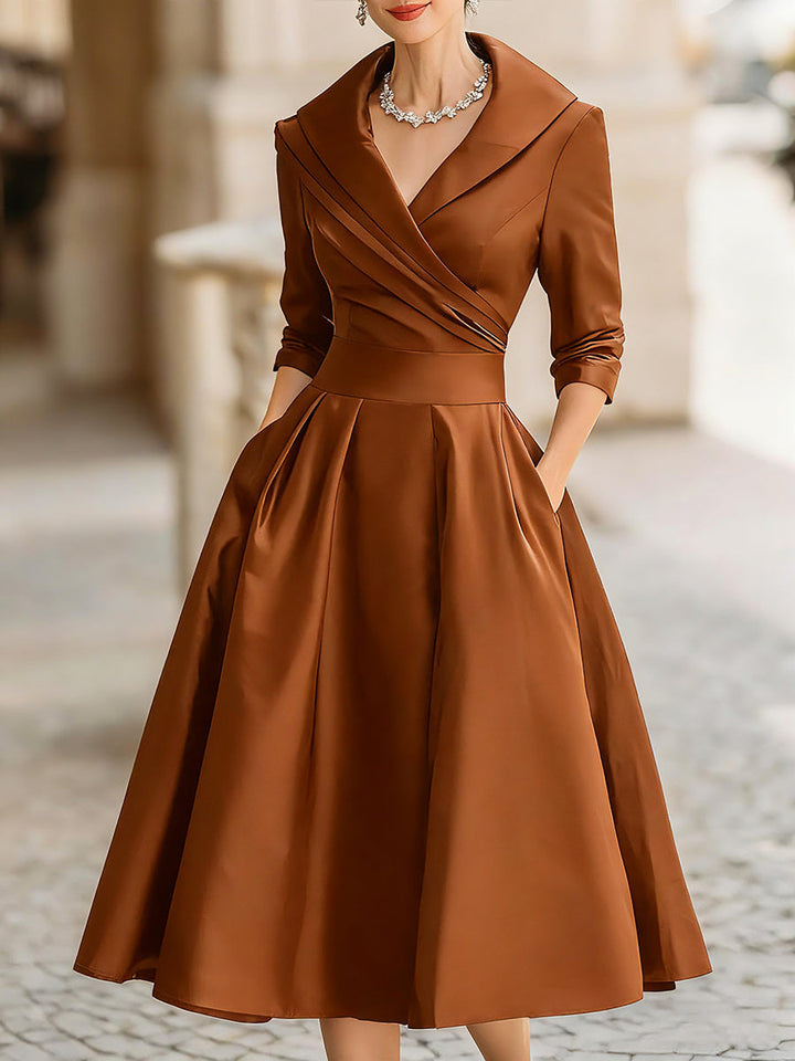 Elegant draped collar women's midi dress, retro-inspired for a sophisticated party look.