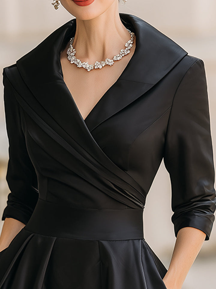 Sophisticated long sleeve A-line midi dress for women, featuring a chic draped collar design.