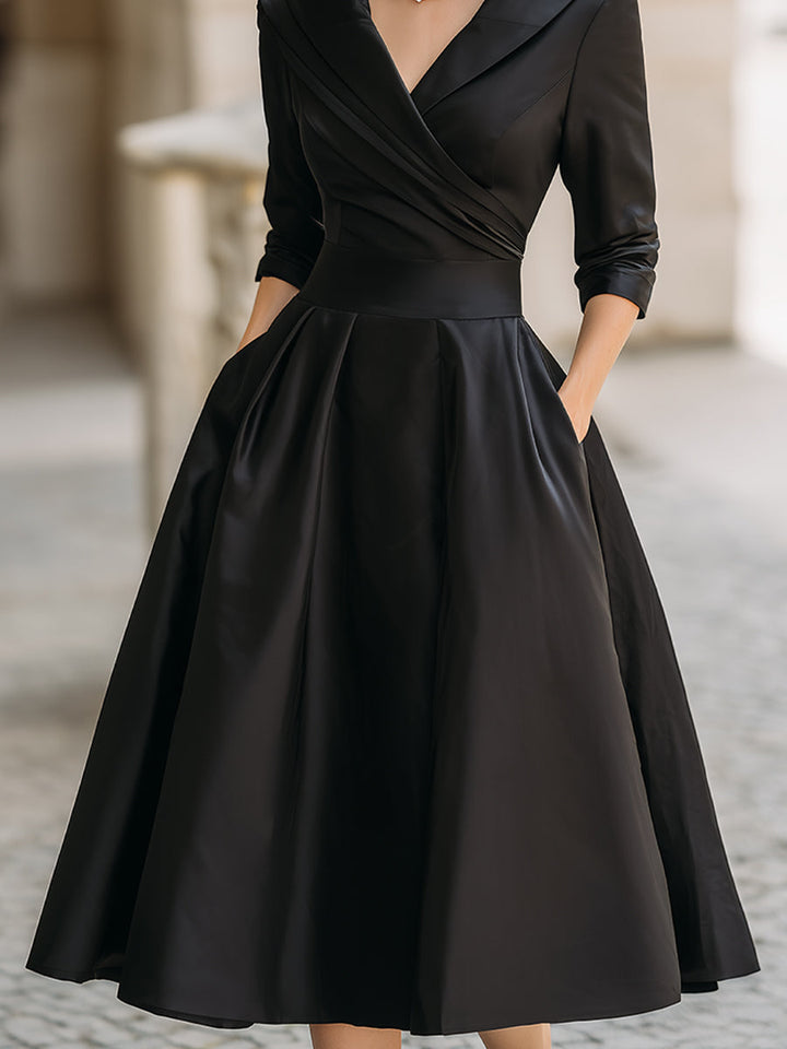 Women's vintage fashion midi dress, elegant with a draped collar, ideal for formal parties.