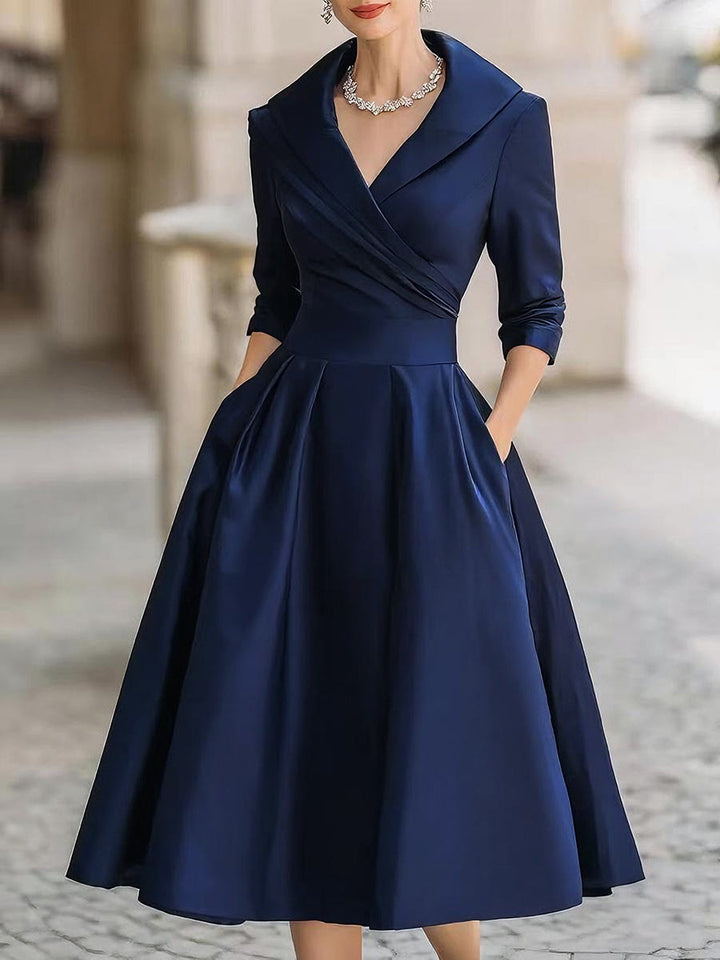 Party-ready women's midi dress, retro style with a unique draped collar and long sleeves.