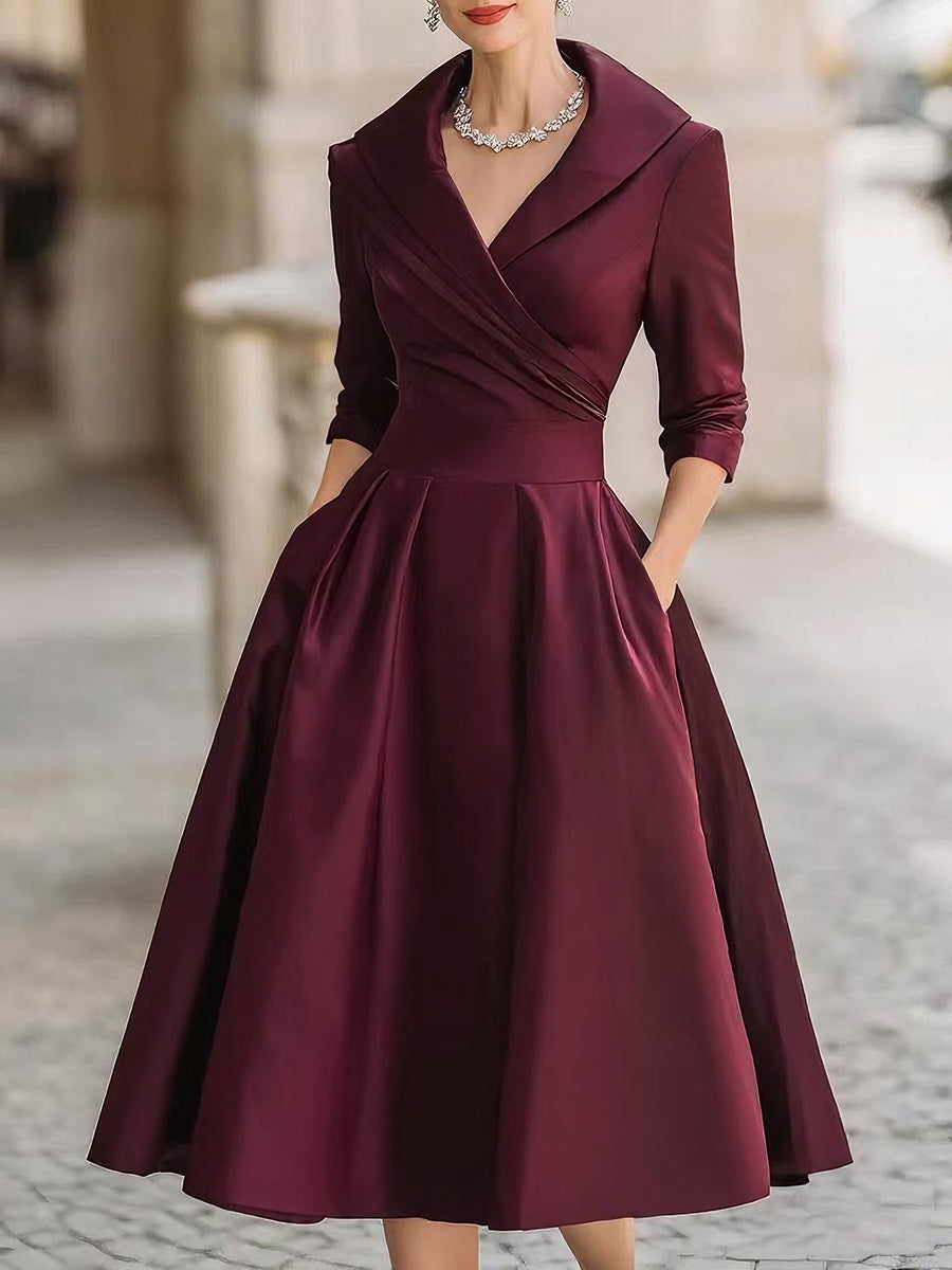 Stylish retro midi dress, women's formal wear with a beautiful draped collar, perfect for events.