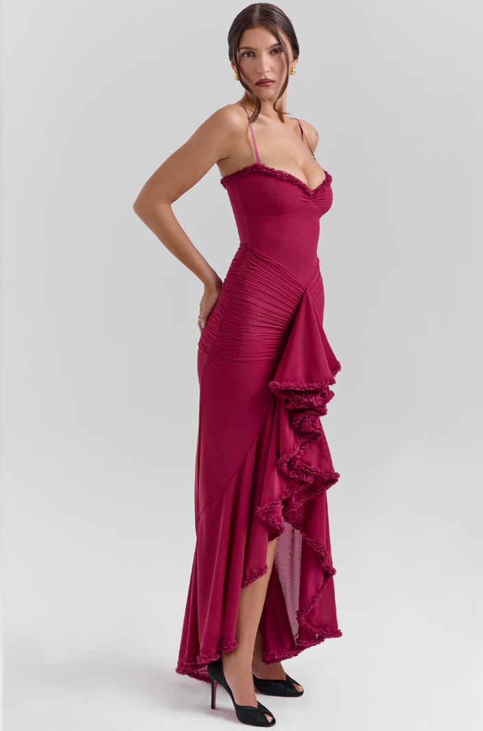 Women's long sleeve romantic ruffle maxi dress, a formal and elegant choice for parties.