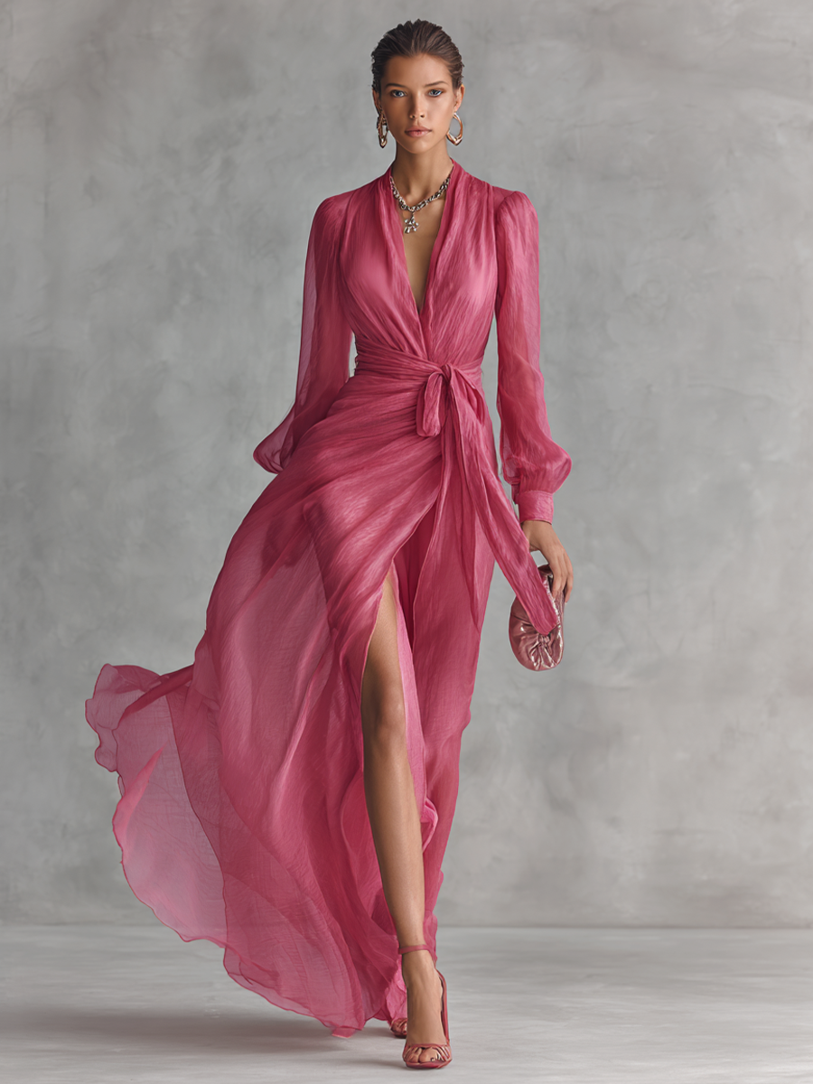 Women's sophisticated V-neck tie-waist rose pink maxi dress. Ideal formal wear, party dress, or summer evening gown.