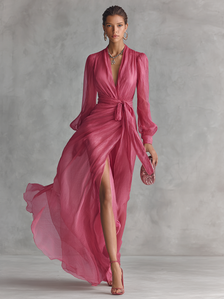 Women's sophisticated V-neck tie-waist rose pink maxi dress. Ideal formal wear, party dress, or summer evening gown.