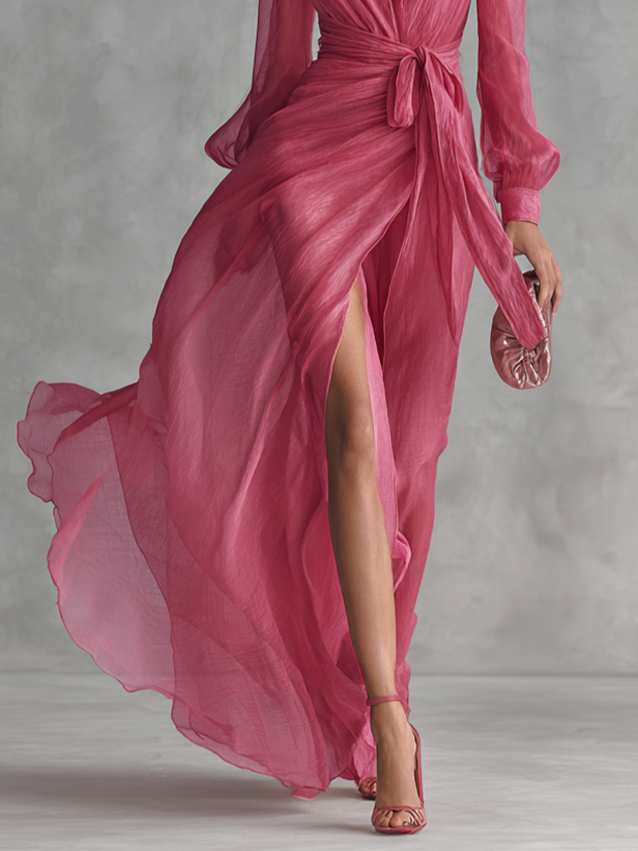 Chic women's rose pink V-neck tie-waist maxi dress. Versatile elegant long dress for formal, party, or evening wear.