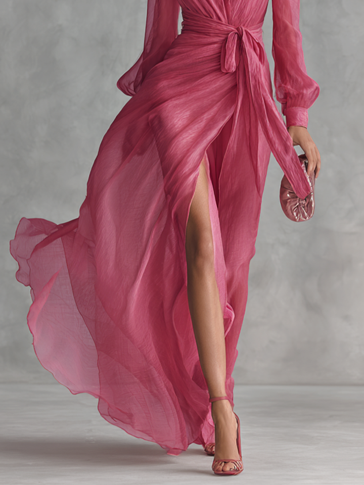 Chic women's rose pink V-neck tie-waist maxi dress. Versatile elegant long dress for formal, party, or evening wear.