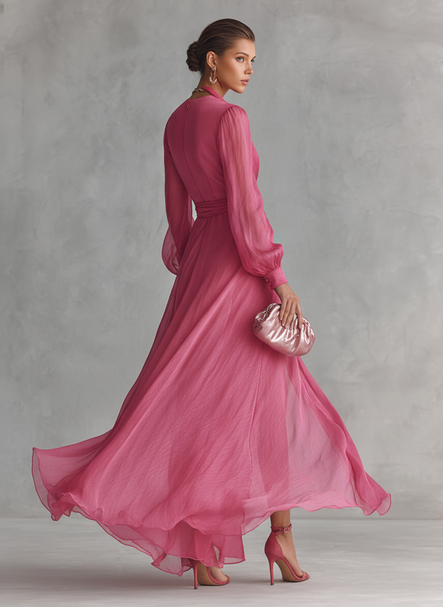 Rose pink V-neck tie-waist maxi dress for women. Feminine & elegant long dress, perfect for formal events & parties.