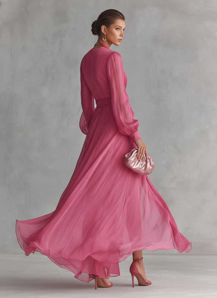 Rose pink V-neck tie-waist maxi dress for women. Feminine & elegant long dress, perfect for formal events & parties.