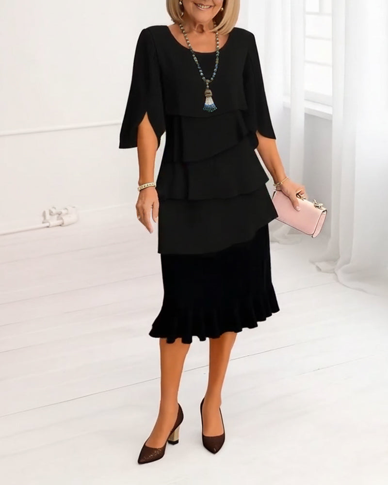 Black Long Sleeve Ruffle Tiered Midi Dress, an elegant women's party or formal occasion dress.