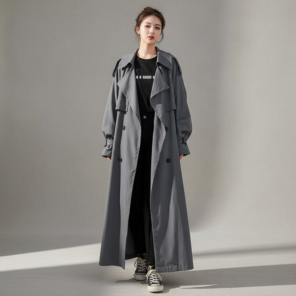 Elegant Scarlett oversized long trench coat for women, perfect for versatile fall and spring fashion.