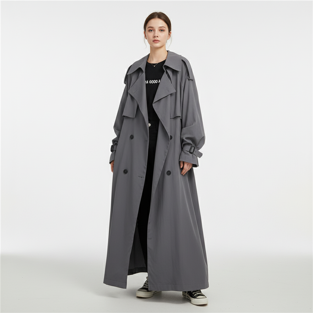 Women's timeless loose-fit Scarlett trench coat, an elegant long jacket for chic outerwear.