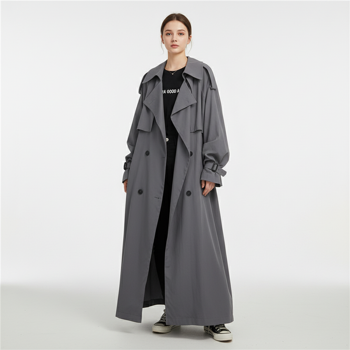 Women's timeless loose-fit Scarlett trench coat, an elegant long jacket for chic outerwear.