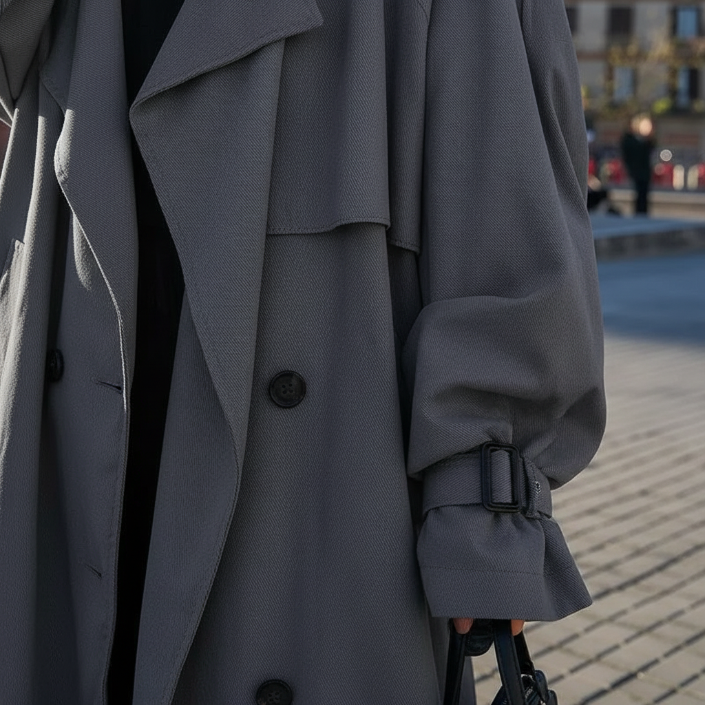 Chic oversized Scarlett long trench coat, a timeless women's outerwear piece with an elegant, loose fit.