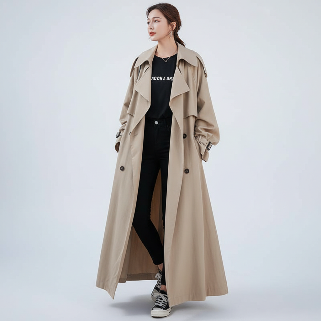 Versatile Scarlett women's oversized long trench coat, ideal for elegant fall fashion and spring jackets.