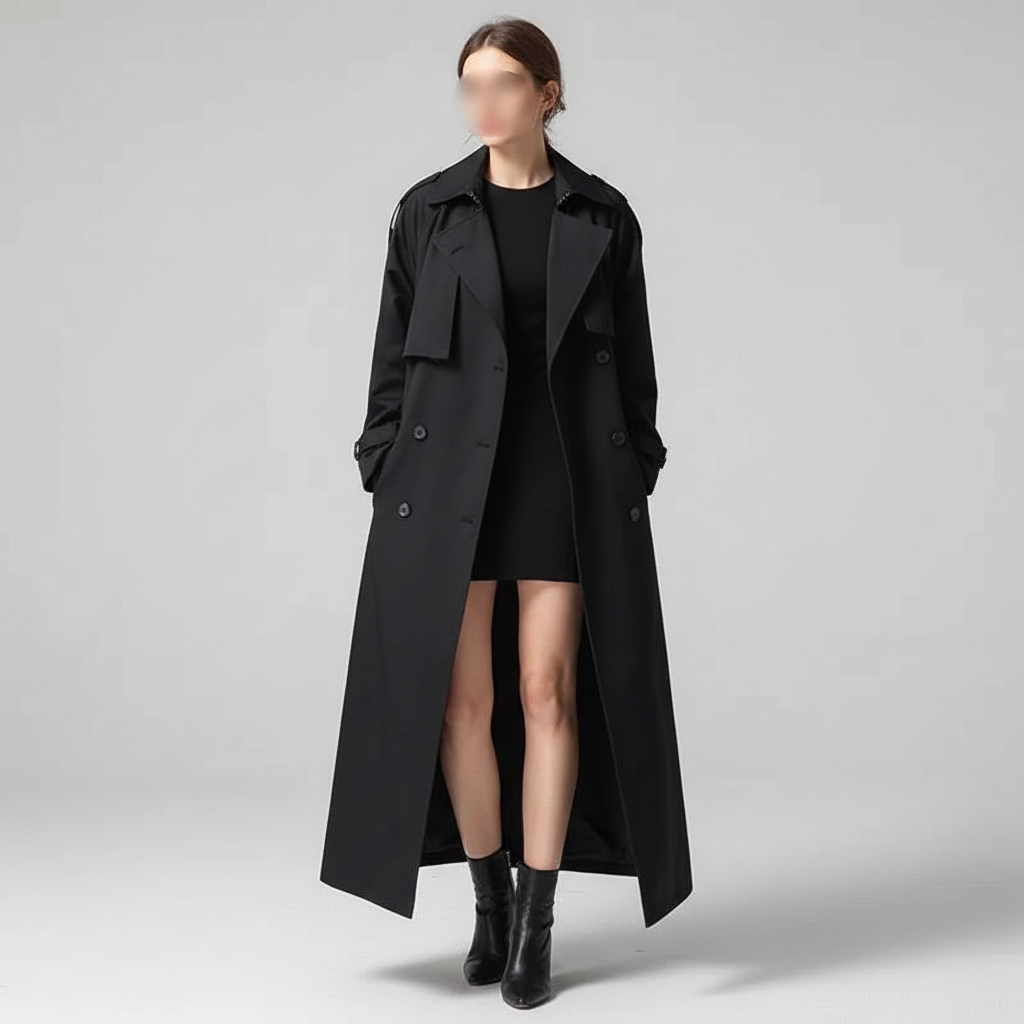 Fashionable Scarlett oversized long trench coat, an elegant women's outerwear with a timeless design.