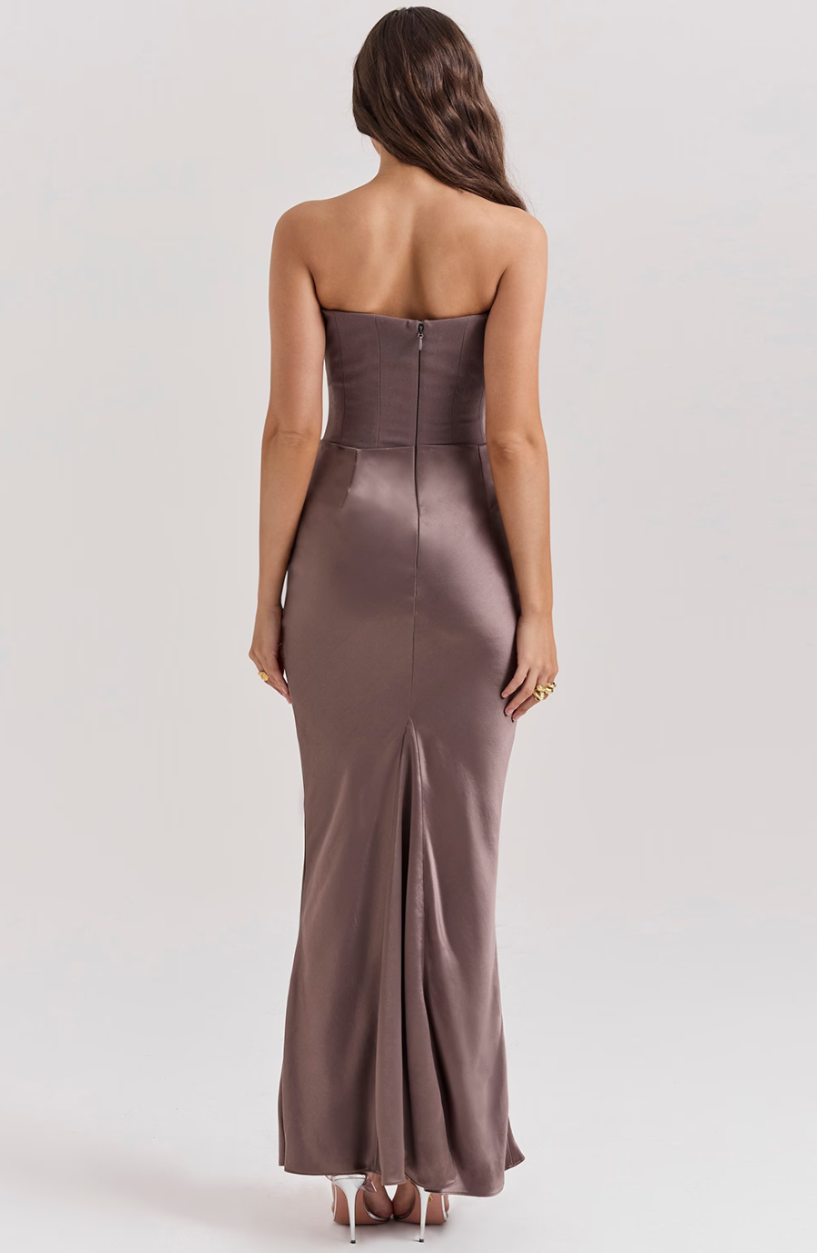 Figure-flattering strapless corset maxi dress, ideal for formal wear and gala attendance.