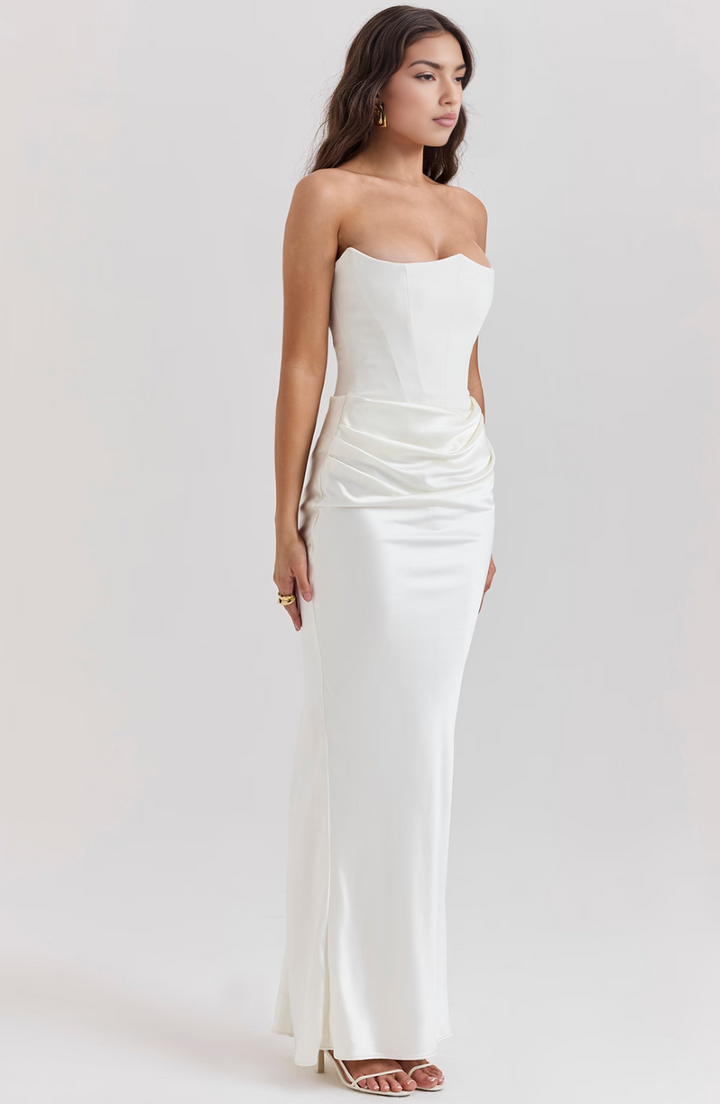 Glamorous strapless corset maxi dress, offering a sophisticated look for formal parties.