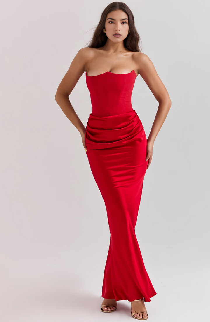 Graceful strapless corset maxi gown, a sophisticated choice for any formal evening wear.