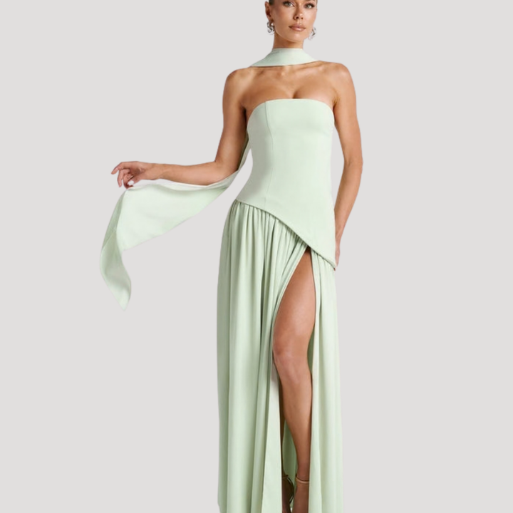 Elegant strapless pleated maxi dress for women's formal evening events & galas.