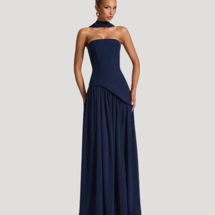 Women's strapless pleated gala outfit, an elegant maxi dress for formal events.