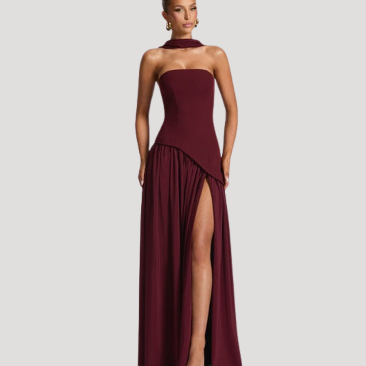 Sleek strapless formal gown, a pleated maxi dress for women's special occasions.