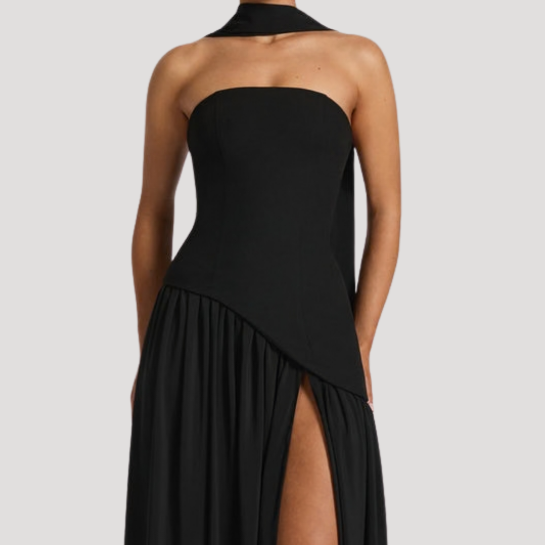 Elegant strapless pleated maxi gown, designed for formal proms & evening parties.