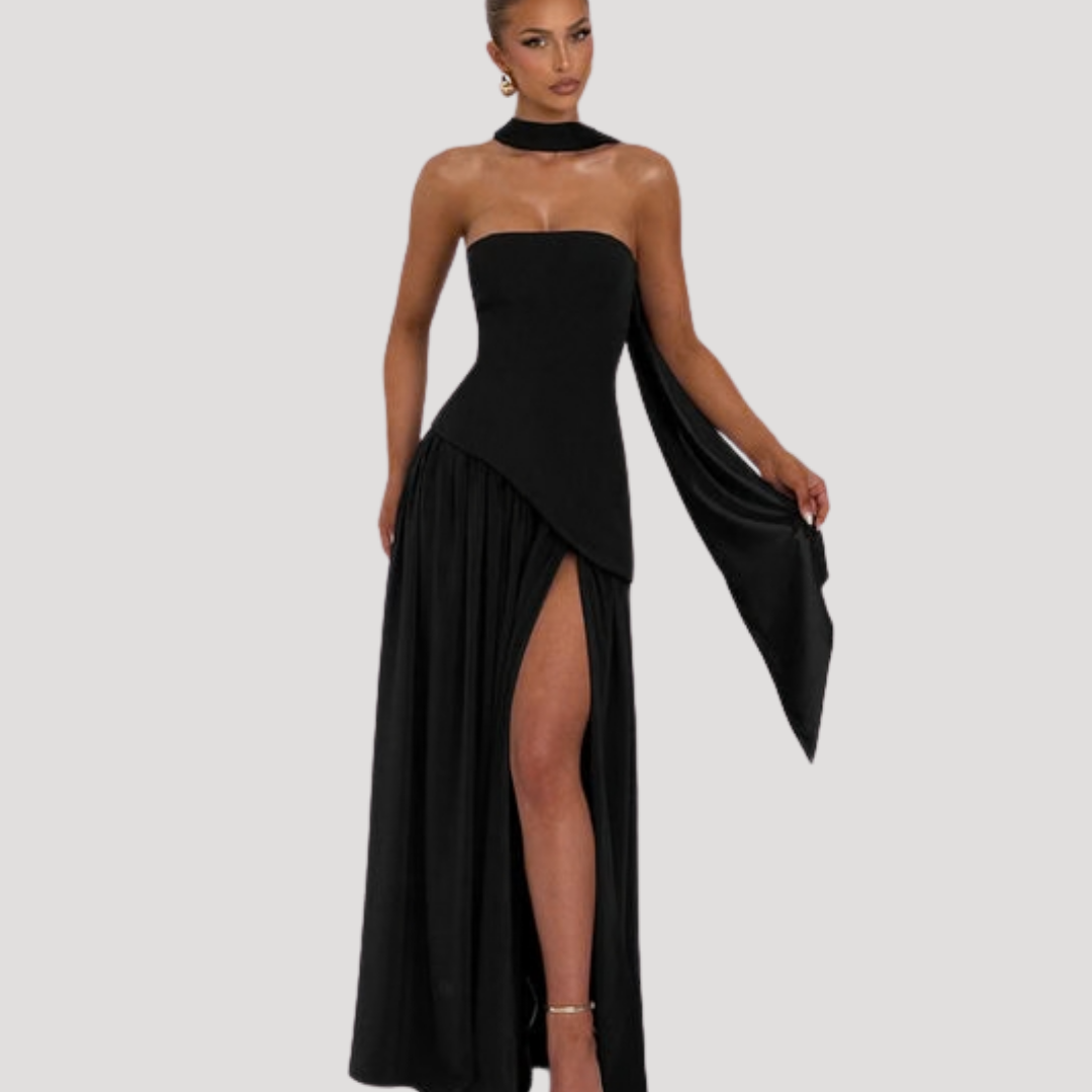 Chic strapless maxi dress with delicate pleats, ideal for formal women's fashion.