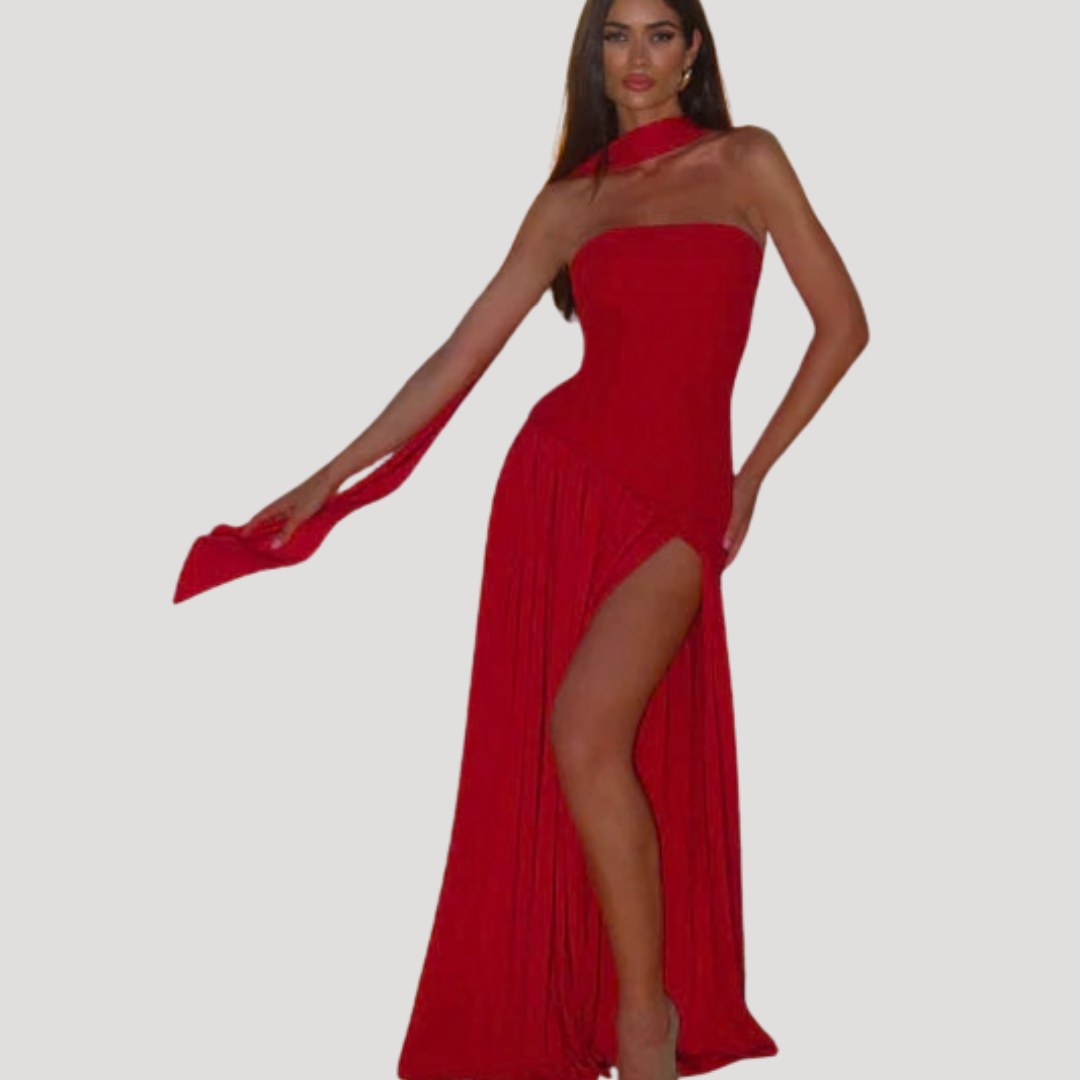 Sophisticated strapless formal pleated dress, a long maxi gown for evening events.