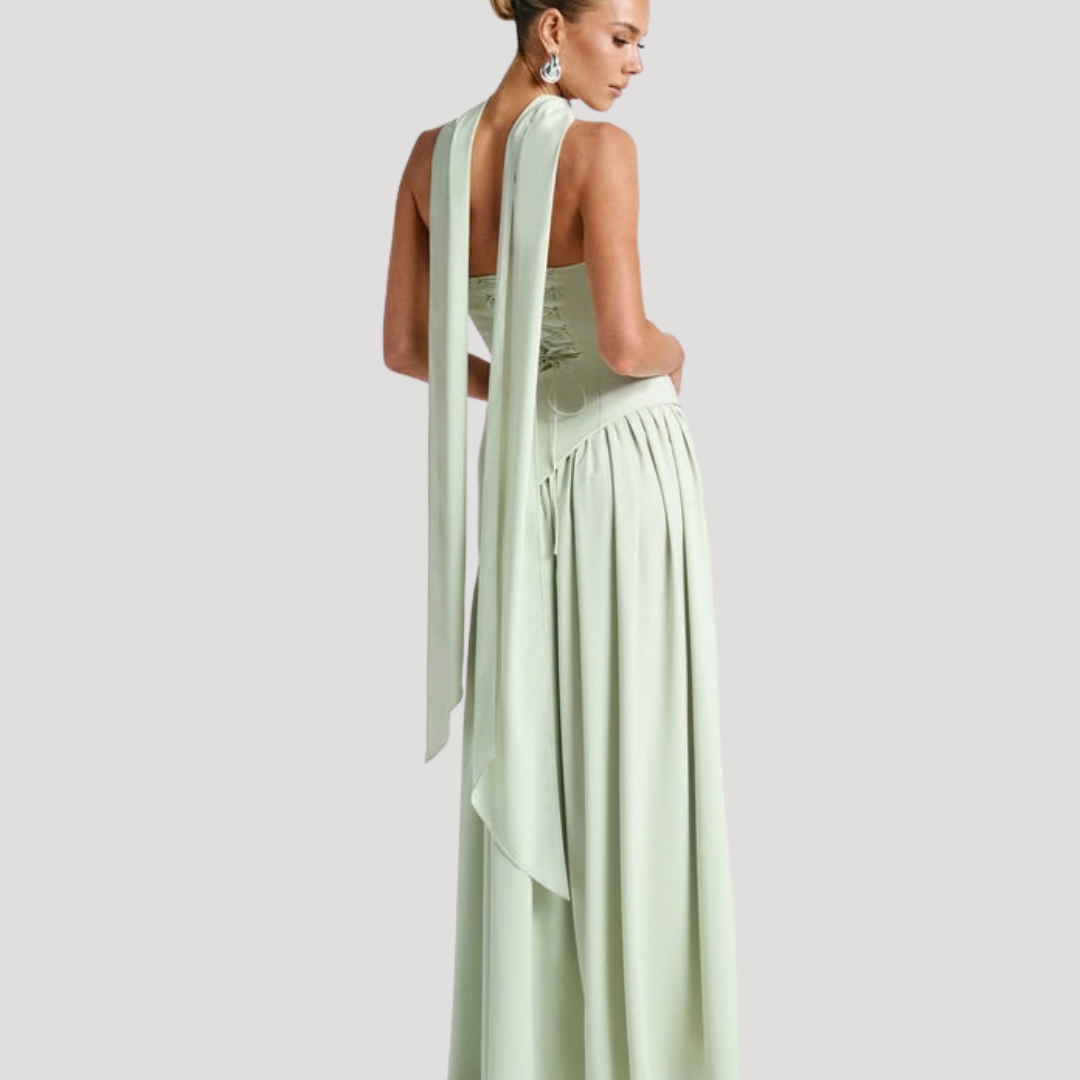 Women's formal strapless maxi gown with elegant pleats, perfect for prom & special occasions.