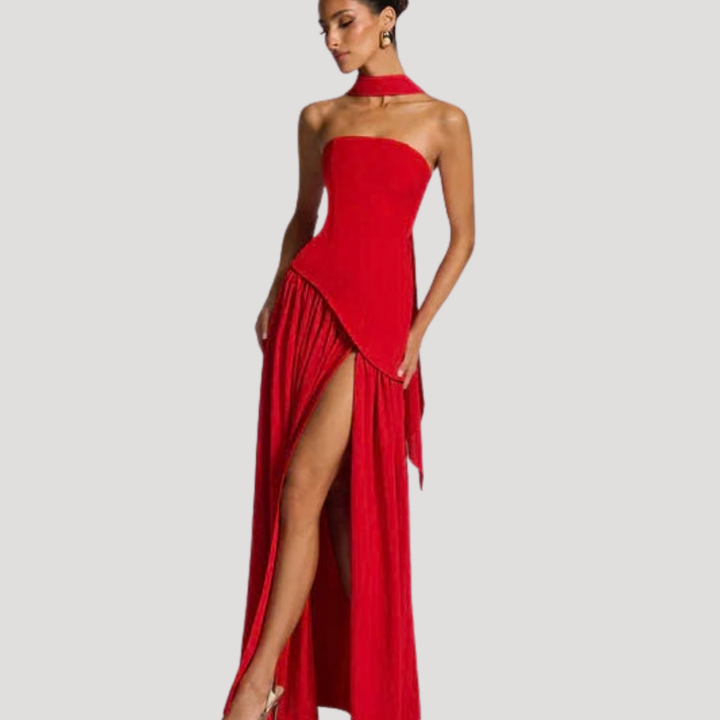 Women's formal pleated strapless maxi dress, perfect for proms & special occasions.