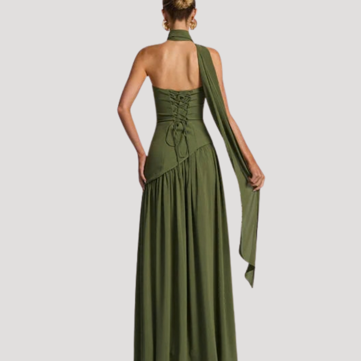 Elegant pleated maxi gown, strapless design, for women's formal evening wear.