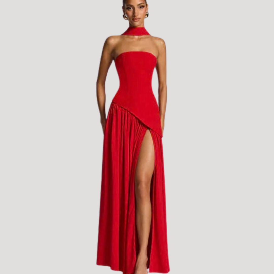 Flowing pleated strapless maxi dress, a stunning formal evening gown for women.
