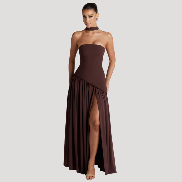 Sophisticated pleated strapless maxi dress, ideal for formal gala outfits.