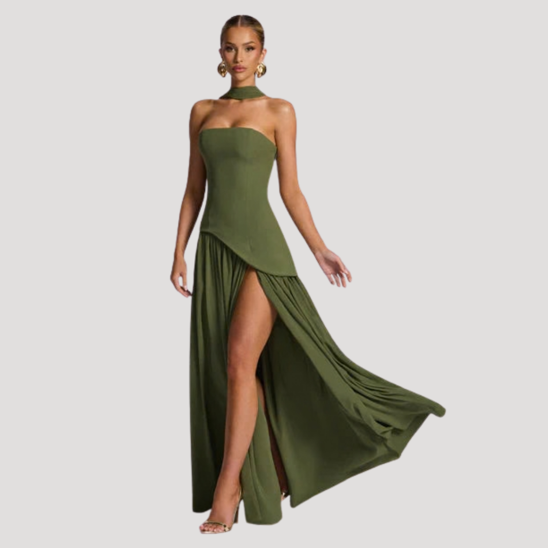 Formal pleated strapless maxi gown, a beautiful choice for women's elegant attire.