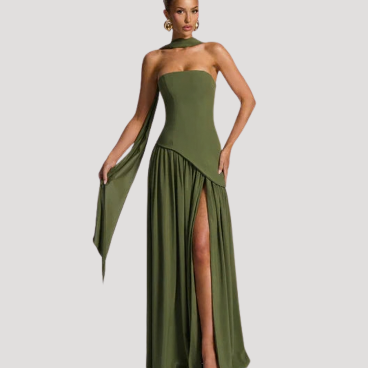 Elegant pleated strapless formal maxi dress, a key women's fashion piece for events.