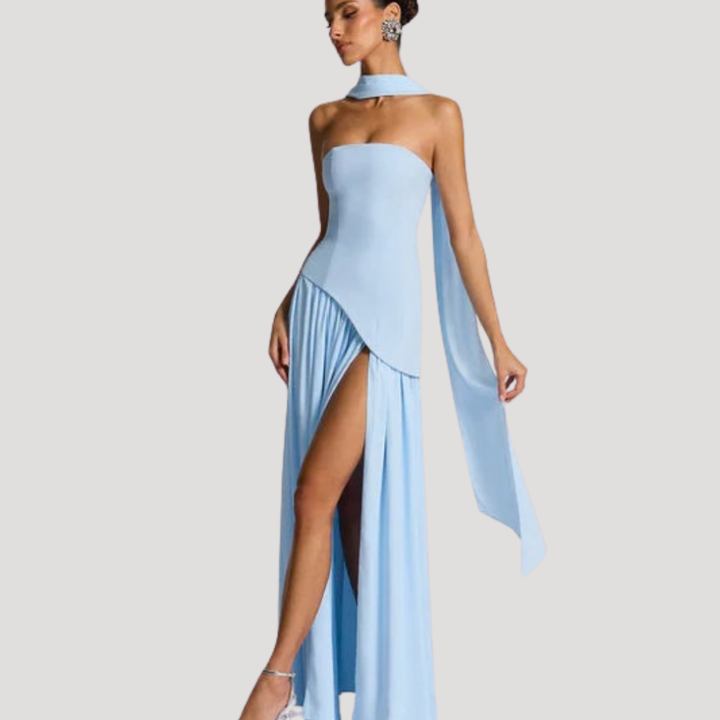 Formal pleated maxi dress, strapless and chic, for women's elegant evening wear.