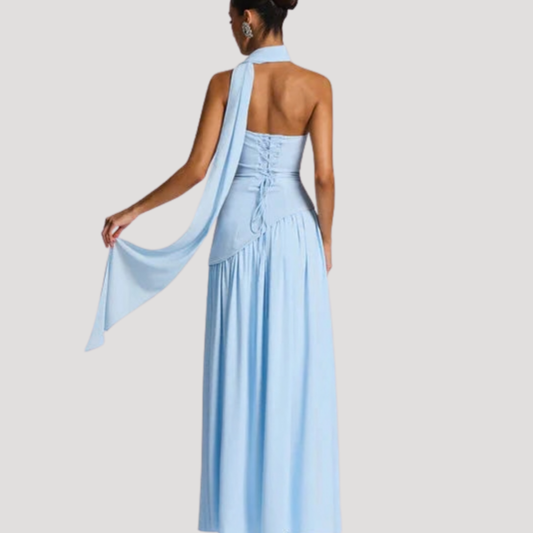 Women's formal evening dress, elegant strapless pleated maxi gown for special occasions.