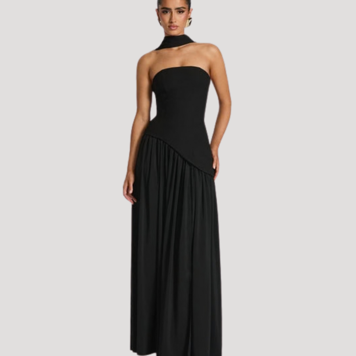 Chic women's strapless pleated maxi dress, elegant attire for formal parties & galas.