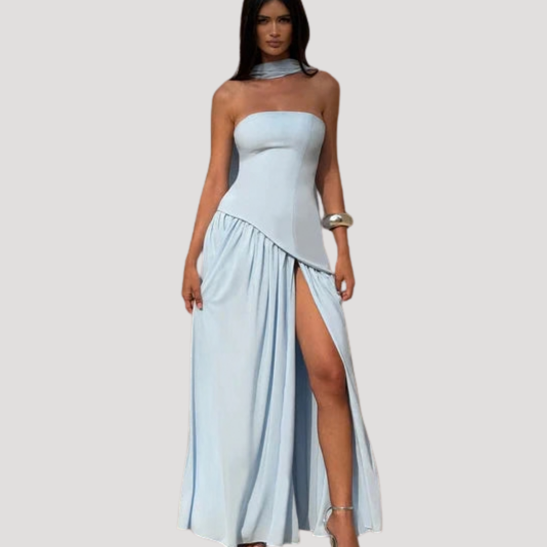 Special occasion maxi dress, elegant strapless and pleated for formal women's fashion.