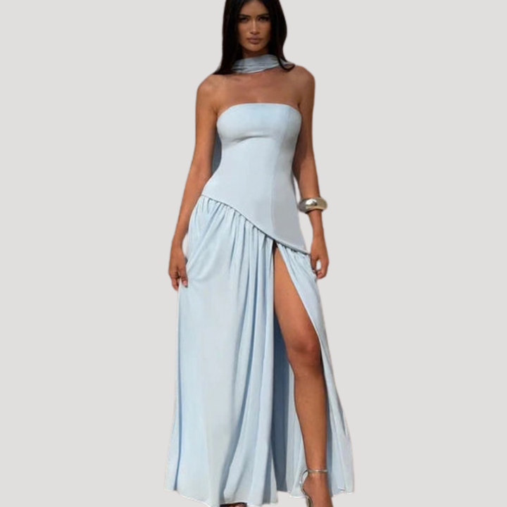 Special occasion maxi dress, elegant strapless and pleated for formal women's fashion.