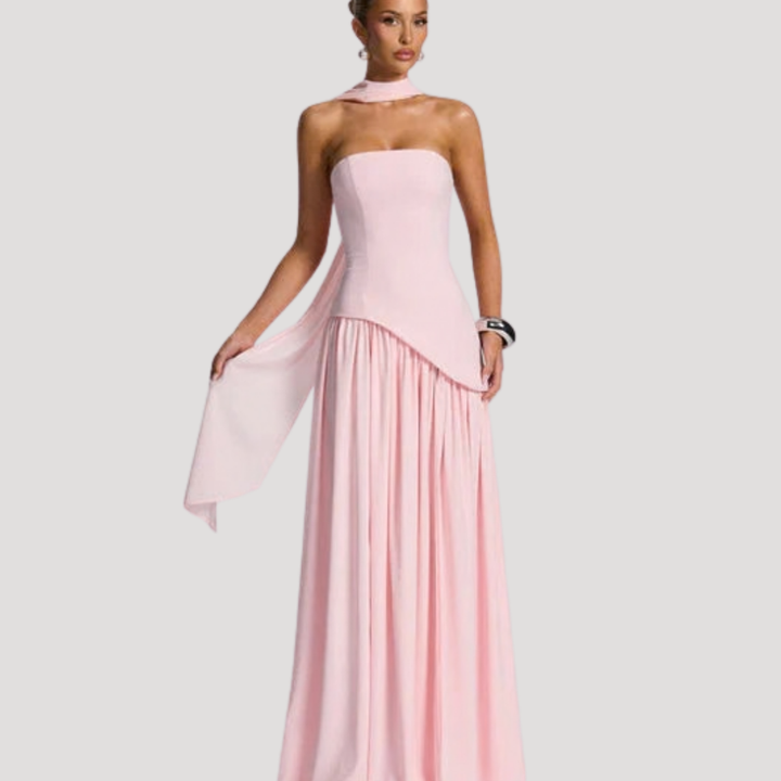 Elegant formal attire, women's strapless pleated maxi dress for evening events.