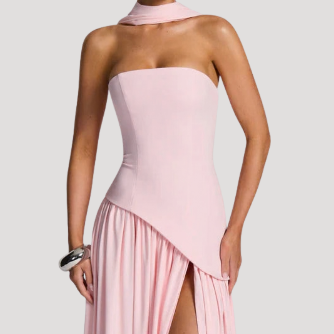 Women's elegant formal dress, strapless pleated maxi gown for gala & prom nights.