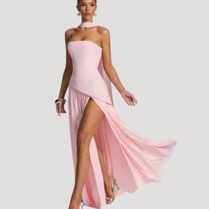 A stunning formal maxi dress, strapless and pleated, an elegant women's evening gown.