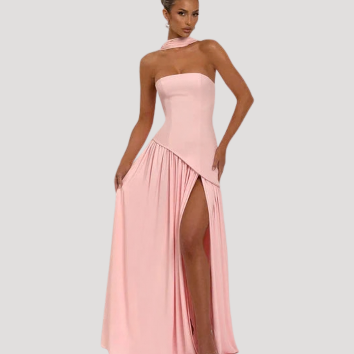Luxurious strapless pleated maxi dress, a formal gown for women's special events.
