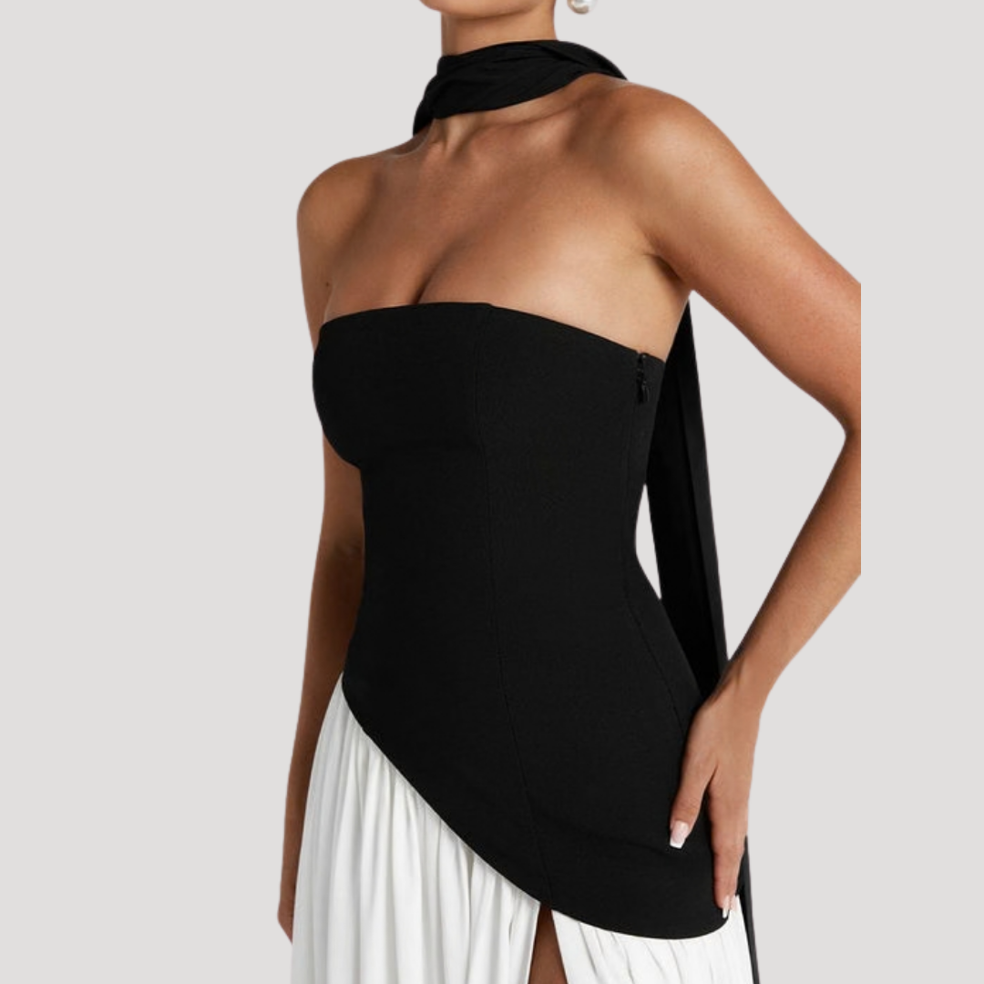 Pleated strapless formal maxi gown, an elegant evening dress for women's special occasions.