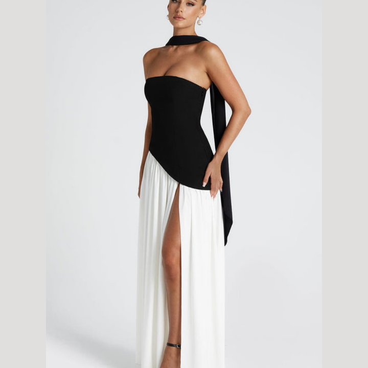 Sophisticated strapless pleated maxi dress, ideal women's fashion for formal galas.